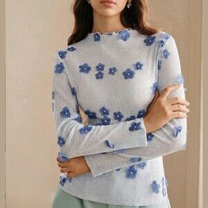 Blue 3D Floral Knit Slim Fit Semi-Sheer Round Neck Long Sleeve Tee